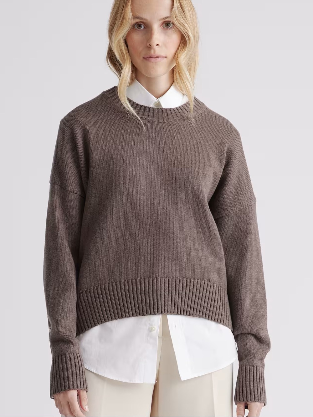 Quince 100% Organic Cotton Boyfriend Crew Sweater Heather Brown Size Small